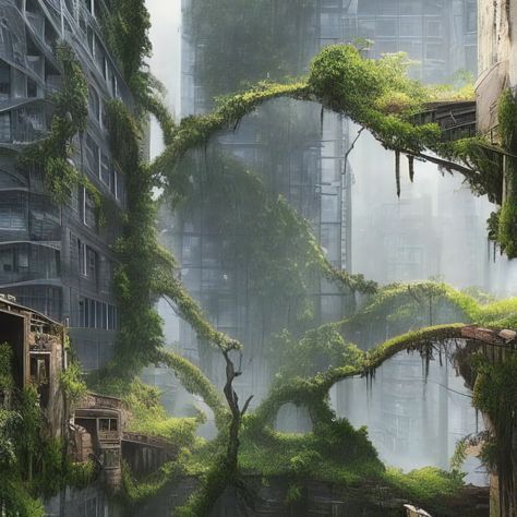 Buildings With Overgrown Plants, Abandoned Landscape Art, Nature Takes Over City, City Overrun By Nature, Nature Taking Back Buildings, Nature Reclaimed City, Nature Taking Over City, Reclaimed By Nature Ruins, Abandoned Futuristic City