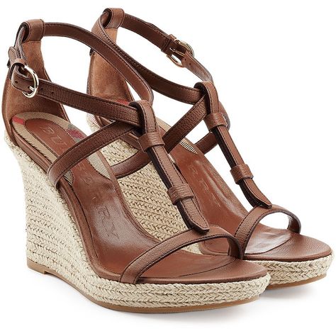 Burberry Shoes & Accessories Wedland Leather and Raffia Wedges ($310) ❤ liked on Polyvore featuring shoes, sandals, wedges, heels, zapatos, brown, leather t strap sandals, brown sandals, brown wedge sandals and ankle strap sandals Brown Strappy Sandals, Brown Sandals Heels, T Strap Shoes, Wedges Heels, Brown Wedge Sandals, Sandals Wedges, Sandals Brown, Leather Heels Sandals, Brown Leather Sandals