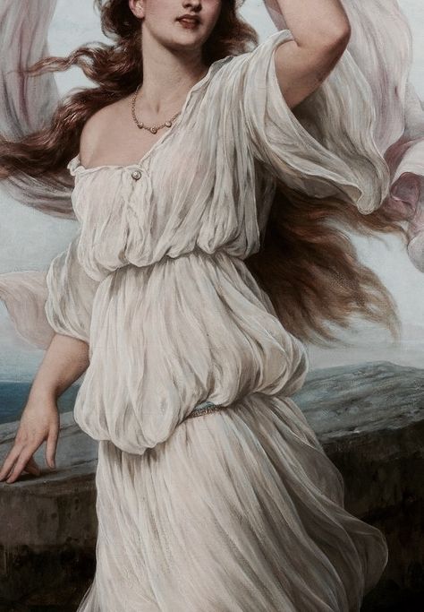 Aphrodite, of beauty | Olympus Thomas Francis Dicksee, Francis Dicksee, Aesthetic Greek, Haircolor Ideas, Aphrodite Aesthetic, Greek Paintings, Muted Palette, Woman In White, Board Painting