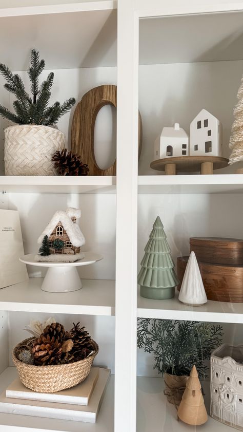 Cute Simple Christmas Decor, Cozy Simple Christmas Decor, Neutral Christmas Tv Stand Decor, Christmas White House Decor, White And Neutral Christmas Decor, White And Wood Christmas Tree Decor, Fall Christmas Decorations, Christmas Windowsill Decor Living Room, Neutral Christmas Decoration