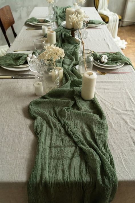 Wedding Table Garland Boho, Whimsical Forest Table Setting Tulle, Fur Table Runner Wedding, Twig Table Swag, Wedding Table Runner Ivory, Sage Green Wedding Table Setting Napkins, White And Green Table Runner Wedding, Olive Green Baby Shower Tables, Table. Runner And Plsve Settings