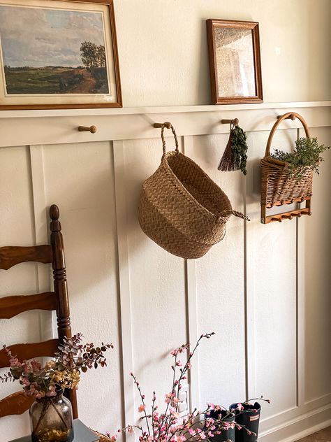 Pegs In Entryway, Farmhouse Hooks Entryway, Entry Way Peg Rack, Entry Peg Rail, Panelling With Peg Rail, Vintage Coat Hooks Entryway, Peg Hooks Entryway, Entry Way Peg Shelf, Kitchen Coat Rack Ideas