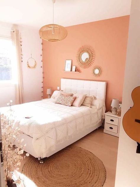 55 Vivacious Peach Fuzz Home Decor Ideas - Shelterness Salmon Bedroom, Peach Bedroom, Adult Bedroom Decor, Bedroom Wall Decor Above Bed, Coral Bedroom, Dark Bedroom Furniture, Pink Bedroom Decor, Bedroom Decor For Couples, Bedroom Orange