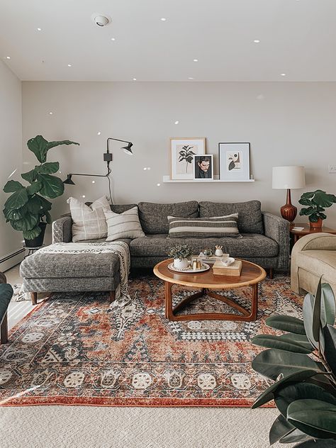 Grey Couch Design Living Room, Charcole Grey Couch Living Room Ideas, Grey Couch And Light Wood Living Room, Natural Tone Living Room Decor, Gray Sectional Green Accents, Living Room In Grey Tones, Gray Sectional Boho Living Room, 2023 Couch Color Trends, Earthy Living Room Gray Couch