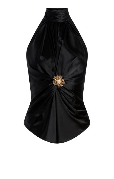 Experience luxury and elegance with our Rachel Top. Made from silk, this halter top boasts a sleeveless design and features a keyhole and brooch detail. Perfect for a night out, its black color adds sophistication to any outfit. Indulge in comfort and style with the Rachel Top. Details Zipper closureFabric: SilkHalter silhouetteKey hole detailSleeveless Content and Care 100% SilkDry CleanImported Measurements 22.75in/57.79cm from necklineMeasurements from size S Flattering Tops For Small Bust, Designer Party Tops, Emerald Clothes, Halter Neck Top Outfit, Top Silhouettes, Silk Blouse Outfit, Shoulder Pad Top, Black Top Outfit, Aesthetic Tops