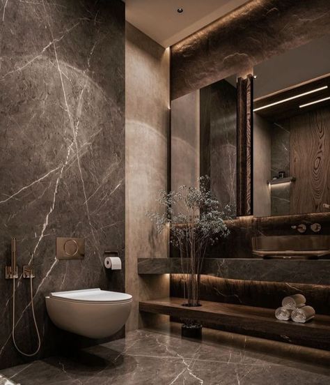 Facebook Dark Spa Bathroom, Luxury Toilet Design Modern, Elegant Bathroom Luxury Modern, Rich Bathroom Luxury, Dream Bathrooms Luxury Modern, Dark Marble Bathroom, Brown Marble Bathroom, Hotel Bathroom Design Luxury, Chocolate Bathroom