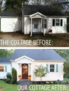 Our Cottage Exterior – Before & After via The White Buffalo Styling Co. What a darling transformation! Architecture Renovation, Home Exterior Makeover, Cottage Exterior, Exterior Makeover, Shutters Exterior, Exterior Remodel, Front Door Colors, White Cottage, Flipping Houses