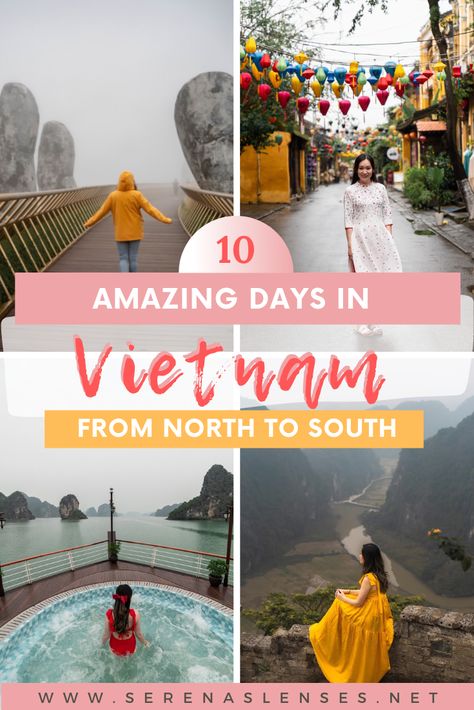 Pinterest Pin: 4 photos of girl in Vietnam, Golden Bridge, Hoi An with lanterns, luxury Halong bay cruise with pool, Mua Cave view point Vietnam Itinerary 5 Days, 10 Days In Vietnam, Vietnam 10 Day Itinerary, Vietnam Itenary, Vietnam Itinerary 10 Days, Vietnam Hiking, Vietnam Travel Photography, Vietnam Holiday, Asia Travel Outfit