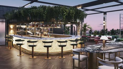 Rooftop Bar And Restaurant, Restaurant Rooftop Design, Terrace Restaurant Design Rooftop Bar, Open Bar Design Outdoor, Roof Bars Design, Terrace Cafe Design Rooftop Bar, Outdoor Club Design, Outdoor Bar Restaurant Design, Bar At Home Design