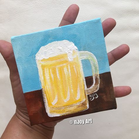 Unique Mini Canvas Painting, Beer Mug Painting, Tiny Paintings Ideas Easy, Alcohol Canvas Painting, 4x4 Canvas Ideas, Cocktail Painting Acrylic, Tiny Canvas Painting Ideas Easy, Canvas Art For Men, Beer Can Art