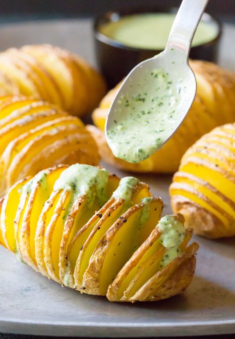 Crispy Hasselback Potatoes for Your Steak Dinner! | The Pioneer Woman Ideas For Steak, Jalapeno Cilantro Sauce, Steak Dinner Side Dishes, Cilantro Sauce Recipe, Potato Ideas, Steak Dinner Sides, Steak Side Dishes, New Years Eve Food, New Years Dinner