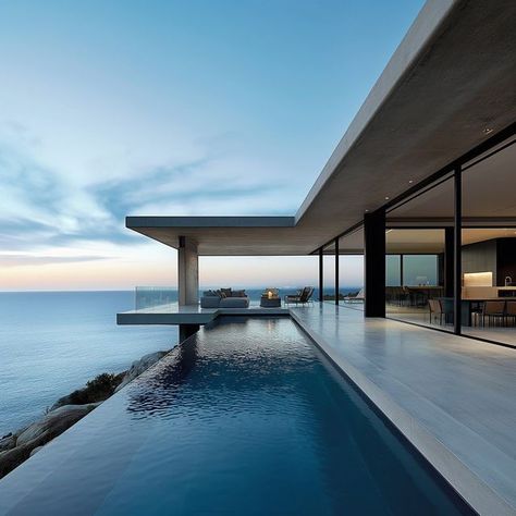 House Overlooking Ocean, Infinity Edge Pool Design, Water Design Architecture, Pool With Ocean View, Modern House With Pool, House By The Water, Beach House Floor Plans, Water Architecture, Ocean Pool