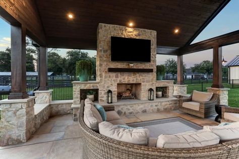 Country Living in Fulshear - Freestanding patio cover with kitchen and fireplace - Texas Custom Patios Outdoor Patio Extension, Freestanding Patio, Patio Extension, Outdoor Living Space Design, Outdoor Fireplace Designs, Outdoor Fireplace Patio, Outdoor Patio Designs, Outdoor Pavilion, Patio Fireplace