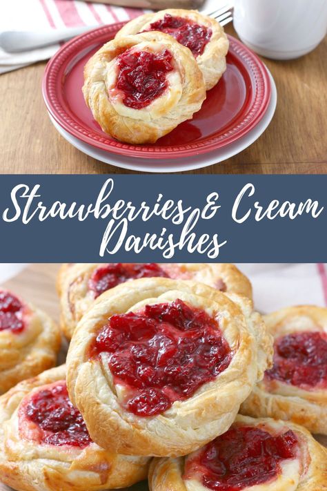 Puff Pastry Stuffing Ideas, Strawberry Filled Croissants, Strawberry Jam Pastry, Puff Pastry Danishes, Fruit Filled Pastries, Strawberry Cheese Danish Recipe, Strawberry Cheesecake Puff Pastry, Strawberry Pastry Recipes, Cream And Berry Filled Pastry Balls