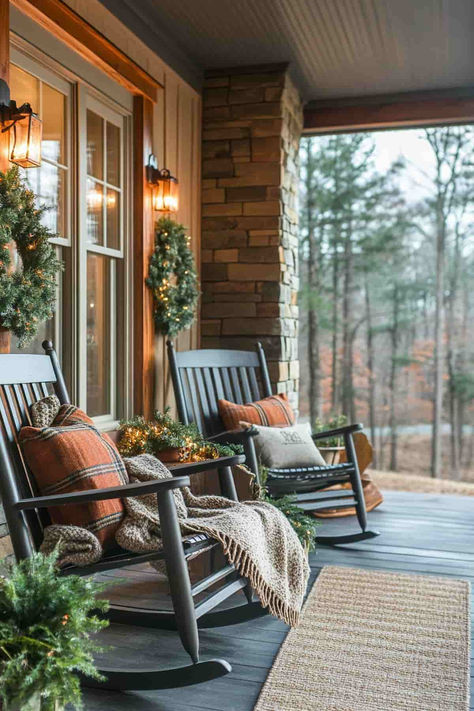 39 Winter Front Porch Decor Ideas: Inviting, Pretty Entrances Fall Winter Front Porch Decor, Fall Southern Porch, Brown House Porch Ideas, Front Porch Set Up, Small Cabin Porch Ideas, Log Home Porch Decor, Wraparound Porch Decor, Winter Small Porch Decor, Front Porch Chairs Ideas Farmhouse