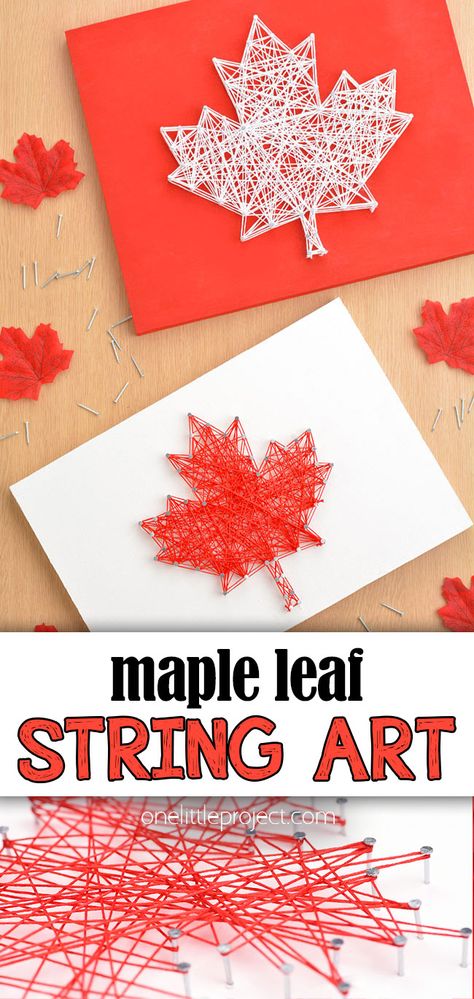 Maple leaf string art Canadian Crafts For Kids, Fall Art Projects For Adults, String Art Templates Printable Free, Canada Crafts, Maple Leaf Template, String Art Patterns Templates, Canada Day Crafts, Maple Leaf Art, Stairs Decoration