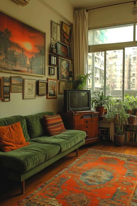 Vintage Vibe Living Room, 70s Style Studio Apartment, Green 70s Living Room, Cluttercore Apartment, Green Brown Apartment, 70s Apartment Aesthetic Vintage, Room Sectioning Ideas, Vintage Retro Apartment Aesthetic, Couple Apartment Aesthetic Cozy