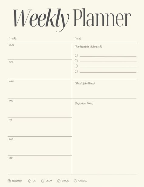 Stay Organized All Week with Clarity and Intention using our Minimalist Weekly Planner Template in Cream

Keep track of your weekly goals and tasks with our minimalist weekly planner template in cream. Plan your week, prioritize tasks, and cultivate gratitude for your progress. Simplify your planning process for a more productive and balanced week ahead Weekly Goals Template, Weekday Planner Template, Minimalist Weekly Spread, Weekly Planner Template Minimalist, Landscape Weekly Planner, Goals Template, Undated Weekly Planner, Weekly Goals, Templates Free Design