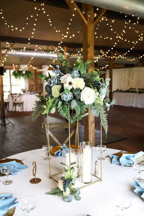 Wedding With Dusty Blue, Blue Flower Centerpieces, Green Wedding Centerpieces, Slate Blue Wedding, Blue Wedding Receptions, Wedding Venues In Florida, Blue Green Wedding, Blue Wedding Centerpieces, Dark Blue Wedding