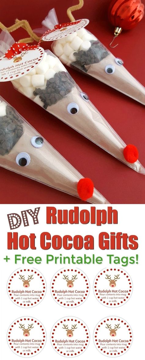 DIY Rudolph Hot Cocoa Holiday Gifts Rudolf Hot Chocolate Cones, Rudolph Hot Cocoa, Rudolph Hot Chocolate Cones, Rudolph Desserts, Cocoa Cones, Hot Cocoa Gifts, Joululahjat Diy, Reindeer Hot Chocolate, Hot Cocoa Gift