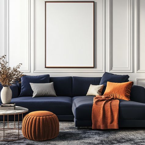 Mockup Frame Cozy Living Room Navy Blue Copper Theme Home Decor Navy Blue Apartment Living Room, Rust Blue And Cream Living Room, Cozy Navy Blue Living Room, Navy And Copper Living Room, Blue And Copper Living Room, Navy Living Room Decor, Living Room Navy Blue, Blue And Cream Living Room, Living Room Navy