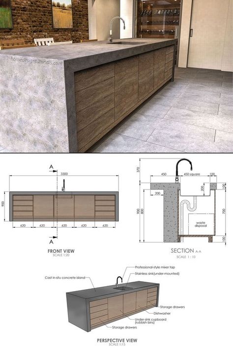 Kitchen Island Plans Layout, Kitchen Island Construction Details, Kitchen Section Drawing Interior Design, Diy Concrete Kitchen Island, Kitchen Island Dimensions Layout, Kitchen Island Drawing, Interior Architecture Details, Kitchen Island Detail Drawing, Kitchen Island Modern Design