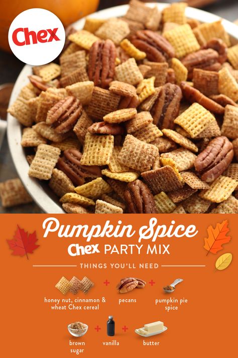 Pumpkin Spice Chex Mix Recipe, Pumpkin Spice Party, Easy Thanksgiving Snacks, Chex Recipes, Puppy Chow Chex Mix Recipe, Chex Mix Puppy Chow, Everything Pumpkin, Chex Party Mix, Cereal Mix