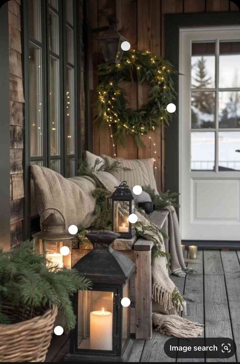 Small Front Porch Winter Decor Ideas, Moody Front Porch, Winter Patio Decor, Narrow Porch Decorating Ideas, Industrial Christmas Decor, Outdoor Entrance Decor, Christmas Sunroom, Industrial Patio, Small Porch Decorating Ideas