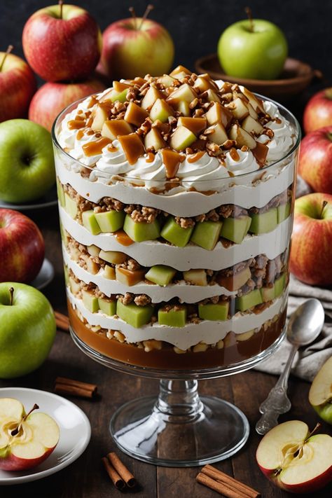 A photo of a  Caramel Apple Trifle which is a type of thanksgiving desserts Apple Cake Trifle, Smore Trifle Desserts, Autumn Trifle Desserts, Apple Crisp Trifle Desserts, Thanksgiving Recipes Dessert Trifle, Layered Dessert Recipes In A Cup, Apple Desert Ideas, Thanksgiving Festive Food, Fall Truffle Bowl Desserts