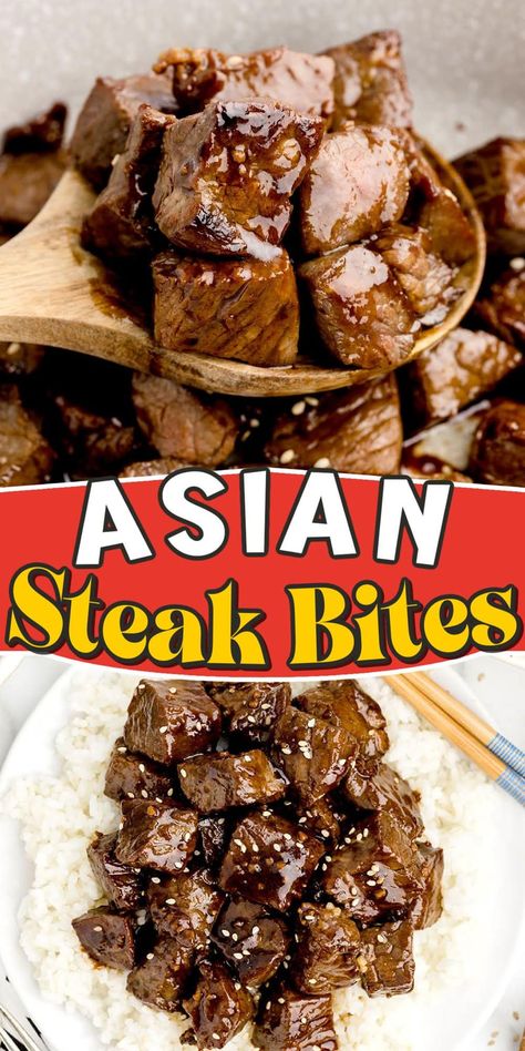 Steak Bite Marinades, Beef Pieces Recipes, Asian Steak Marinade, Teriyaki Steak Bites, Honey Soy Marinade, Asian Steak, Asian Steak Bites, Easy Beef And Broccoli, Steak Bites Recipe