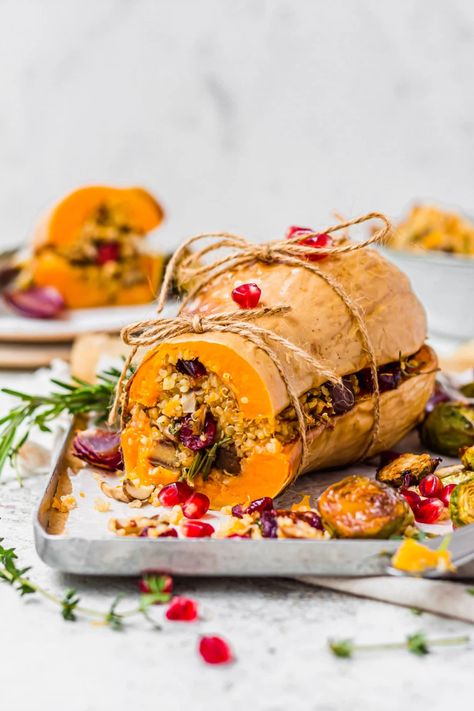 Roasted Chestnut Cranberry Stuffed Squash (Vegan GF) – Nourishing Amy Roasted Nuts Recipe, Butternut Squash Cooking, Stuffed Butternut Squash, Stuffed Butternut, Christmas Dinner Recipes, Vegan Christmas Dinner, Stuffed Squash, Christmas Dinner Ideas, Savory Pies