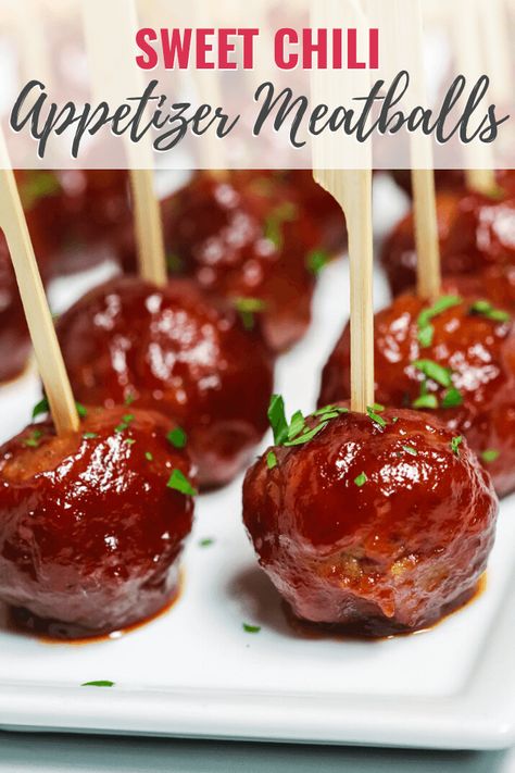 Sweet Chili Appetizer Meatballs are the perfect balance of sweet, savory, and spicy. These will be a crowd pleaser at any party or gathering. Chili Sauce Meatballs, Party Food Meatballs, Sweet Meatballs, Party Meatballs, Meatball Appetizer Recipe, Meatball Recipes Crockpot, Jelly Meatballs, Grape Jelly Meatballs, Spicy Meatballs