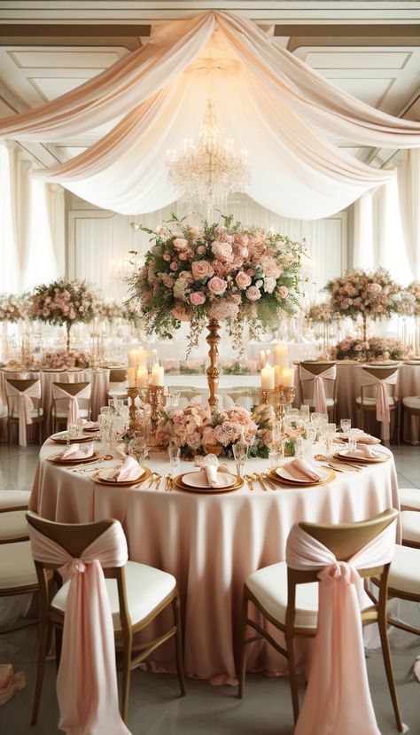 21 Stunning Wedding Decoration Ideas You Absolutely Must See! 💍✨ Pink Centrepiece Wedding, Blush Pink And Beige Wedding Theme, Blush Pink And Champagne Wedding Table Settings, Rose Gold White Wedding Decor, Dusty Pink Wedding Reception, Quince Decorations Pink And White, Pink White Champagne Wedding, Gold And Blush Wedding Theme, Rose Gold Wedding Theme Centerpieces Receptions Blush Pink