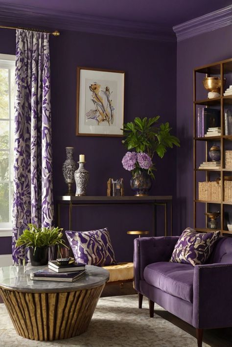 Step into a regal realm with Majestic Purple (SW 6545), the best wall paint color in 2024 for a touch of royal amethyst opulence in your daily interior designer routine. #Ad #homedecor #homedesign #trendgirlApartment #Painthome #interiorarchitecture Wall Colors Green Room Colors Bright Room office Colors Apartment Renovation Home office Remodeling Modern Paint Colors 2024 Jewel Tone Purple Paint, Purple Wall Interior, Modern Room Color Ideas, Paint Ideas For Dark Rooms, Majestic Purple Sherwin Williams, Dark Purple Interior Paint, Dark Purple Walls Living Room, Blue Purple Wall Paint, Bright Color Room Ideas