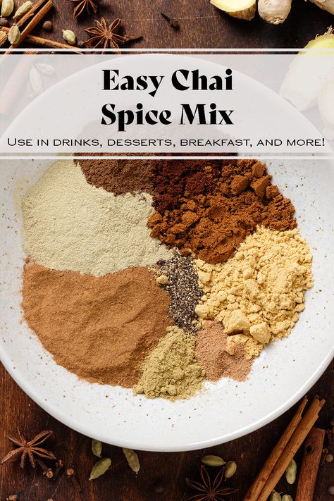 With this Chai Spice Mix, you can make practically any dish Chai flavored without having to add any tea. This spice mix has all the flavor of Chai we all know and love but none of the caffeine. You can use it in breads, muffins, pancakes, oatmeal, hot chocolate, coffee, smoothies, and more! So easy to make and so good! Chi Spice Recipe, Homemade Chai Tea Recipe Spice Mixes, Chai Tea Spices, Chai Spiced Hot Chocolate, Chai Tea Diy Spice Mixes, Chai Tea At Home, Masala Chai Recipe Spice Mixes, Chai Seasoning Recipe, Chai Tea Spice Blend