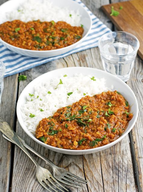 Lentil Tikka Masala, Resep Smoothie, Beans And Rice, Lentil Recipes, Red Lentil, Tikka Masala, Samosa, Meatless Meals, Meat Free