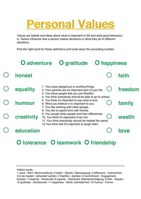 Examples Of Values, Personal Values Worksheet, Values Inculcation Activities, Values Clarification, Values Worksheet, Personal Core Values, Values List, Personal Qualities, Summative Assessment