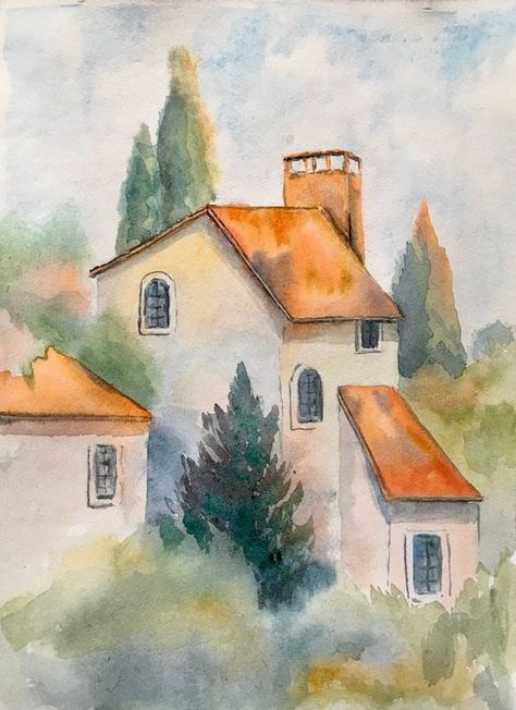 Watercolor House Painting, Watercolor Art Landscape, Canvas For Beginners, Watercolor Architecture, Canvas Painting Ideas, Watercolor Paintings For Beginners, Diy Watercolor Painting, Watercolour Inspiration, Watercolor Paintings Easy