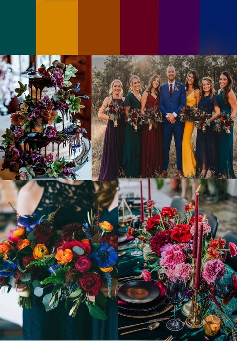 Dark Color Fall Wedding, Jewel Tone Wedding Dress, Gem Tone Wedding, Colorful Rustic Wedding, Jewel Tone Wedding Theme, Jewel Tone Wedding Colors, Colorful Fall Wedding, Jewel Tone Color Palette, Wedding Color Pallet