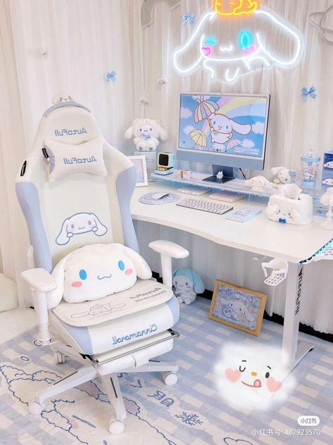 Cinnamoroll Themed Room, Cinamoroll Stuff, Cinnamonroll Sanrio Room Decor, Cinnamoroll Gaming Setup, Cinnamoroll Room Ideas, Cinnamoroll Setup, Cinnamoroll Mirror, Cinnamoroll Bedroom, Cinnamoroll Desk