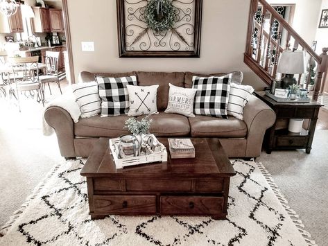 Farmhouse Living Room buffalo plaid, buffalo check, livingroom decor, rustic living room, black and white, neutral living room Rustic Livingrooms, Tan Couch Living Room, Blue And Cream Living Room, Tan Decor, Bright Farmhouse, Plaid Living Room, Living Vintage, Plaid Decor, Farmhouse Living Room