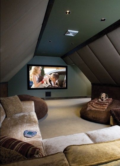 Gömda Rum, Attic Space, Attic Renovation, Attic Spaces, Home Theater Rooms, Theater Room, Attic Rooms, Cinema Room, Home Cinema