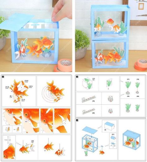 Goldfish Papercraft, Paper Pop Up, Mini Paper House, Miniature Paper Crafts, Easy Diorama, Paper Aquarium, Ryukin Goldfish, Paper Miniatures, Paper Craft Template