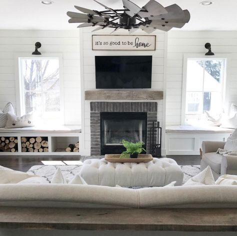 Great Room Addition, Farmhouse Fireplace Decor, Fireplace Windows, Living Room Built Ins, Room Addition, Fireplace Built Ins, Casa Country, Farmhouse Fireplace, Fireplace Remodel