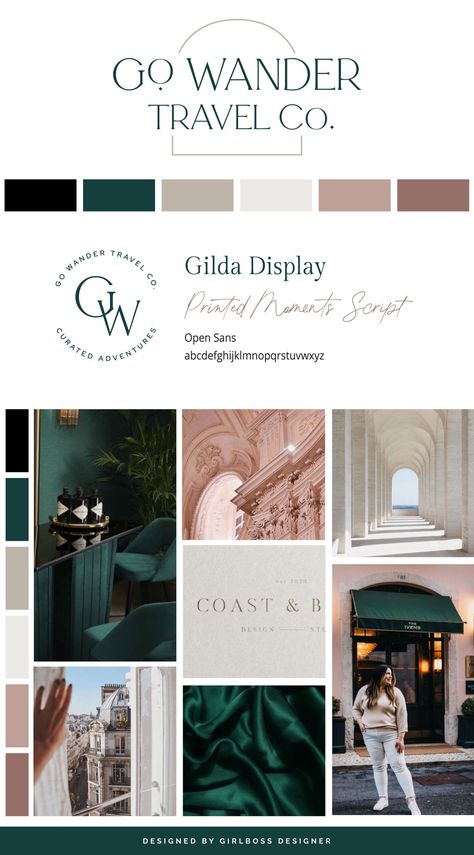 Lina, the founder of Go Wander Travel Co., desired a timeless, modern, feminine, and sophisticated appearance for her brand. To achieve this, we created a color palette that includes dark green, blush, mauve, and neutrals.The logo is designed to be timeless and features a minimal arch detail. The small details and refined use of a feminine serif font create a sophisticated and detail-oriented impression. Check our her branding here! Luxury Brand Color Pallete, Sophisticated Color Palette Branding, Dark Feminine Color Palette, Professional Mood Board, Luxury Color Palette Branding, Dark Green Color Palette, Luxury Color Palette, Sophisticated Color Palette, Neutral Branding