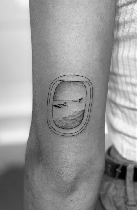 Body Figure Tattoo, Plane Window Tattoo, Aviation Tattoo, Window Tattoo, Travel Tattoo Small, Tattoo 2024, Plane Tattoo, Airplane Tattoos, Travel Plane