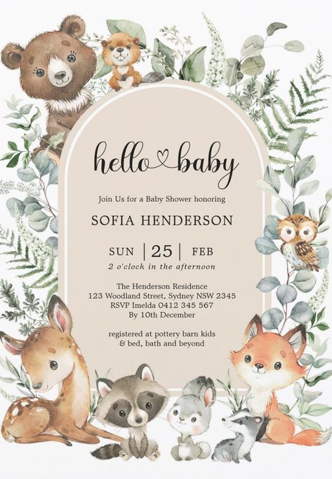 Hello baby! Cute watercolor woodland forest animals themed baby shower invitations. Rustic woodland baby shower invites featuring adorable forest animals. afflink Baby Animal Theme Baby Shower Ideas, Forest Gender Reveal, Woodland Boy Baby Shower Ideas, Woodland Baby Boy Shower Theme, Woods Theme Baby Shower Ideas, Baby Animal Shower Theme, Baby Shower Rustic Theme, Baby Boy Shower Ideas Themes Simple, Baby Woodland Baby Shower Theme