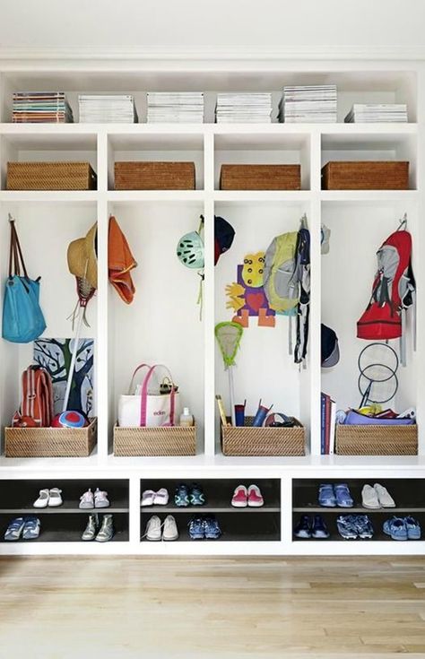 With the school year in full swing, get organized for fall by creating a storage system in your front entryway for backpacks, jackets, and shoes. Your kids will have a designated area to toss their belongings after school which means less clutter in the other parts of your home. School Bag Storage, Mud Room Entry, Mudroom Lockers, Mudroom Organization, Mudroom Ideas, Mudroom Entryway, Mudroom Laundry Room, Mud Room Storage, Mudroom Design