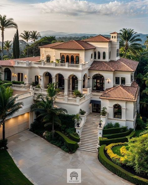 (22) Startseite / X Luxury House Exterior Aesthetic, Hollywood Mansion Exterior, Medditeranean Villa, Big Villa Dream Houses, Mediterranean Homes Aesthetic, Spanish Architecture House, Mediterranean House Aesthetic, Old Money Interior Design, Old Money Interior