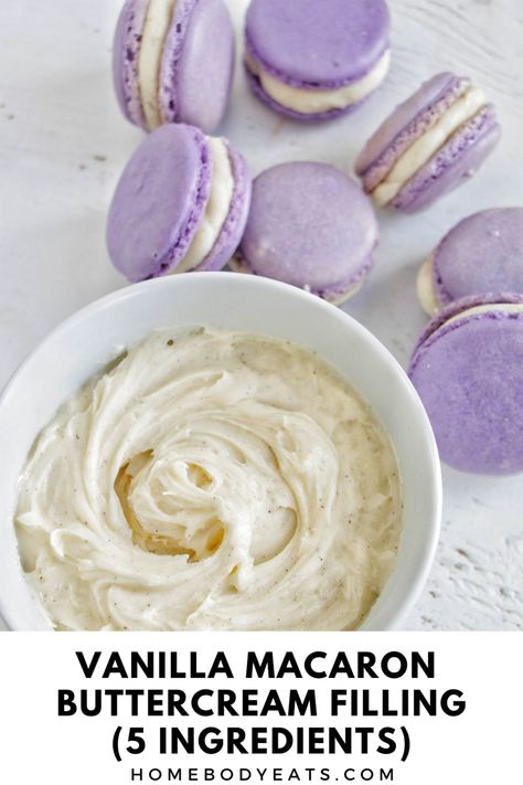 This five-ingredient vanilla buttercream is the perfect macaron filling everyone will love. It's a versatile filling for macarons that can be eaten alone or paired with jam or curd. This is my favorite frosting to sandwich in between my macarons - it's SO delicious! Vanilla Buttercream For Macarons, Butter Cream For Macaron, Buttercream Recipe For Macarons, Macaroons Buttercream Filling, Macaroon Frosting Recipe, Best Macaron Filling Recipe, How To Make Macaroon Filling, Macaron Icing Recipe, Macarons Fillings Recipe